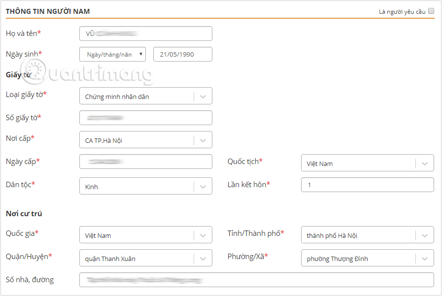 Nhập đầy đủ thông tin hai bên nam nữ làm thủ tục đăng ký kết hôn qua mạng