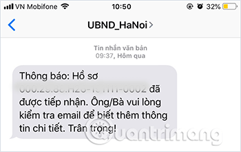 Xác nhận tiếp nhận hồ sơ gửi về điện thoại