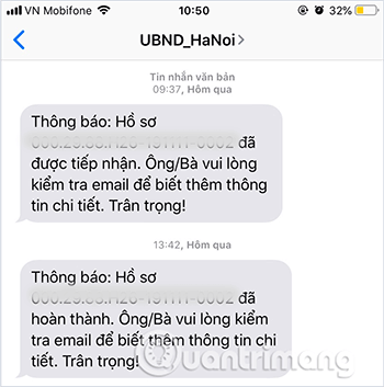 Xác nhận hoàn thành hồ sơ gửi về điện thoại