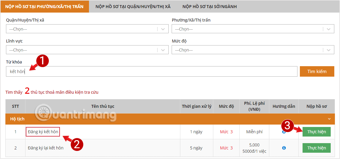 Tìm thủ tục Đăng ký hết hôn bằng cách sử dụng Tìm kiếm trên website