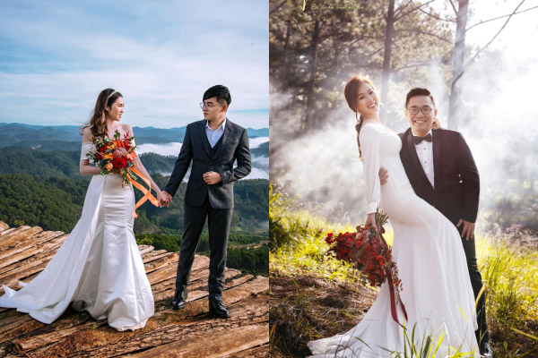 Áo cưới trắng thanh lịch kết hợp cùng vest lịch sự