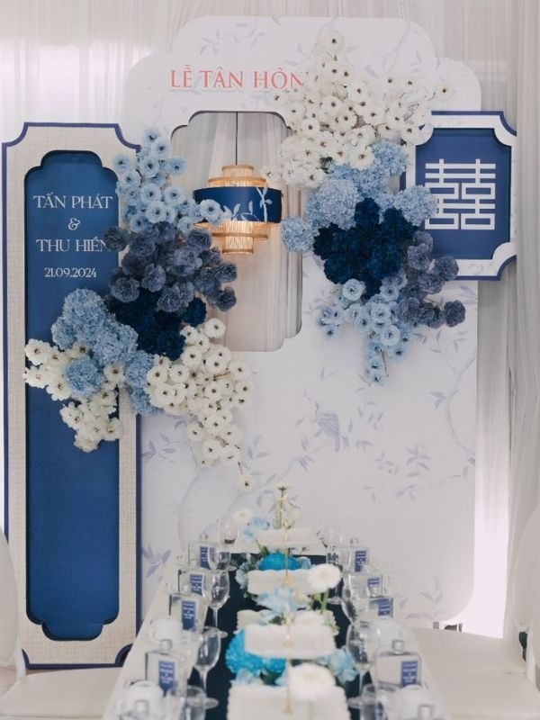 Trang trí Lễ Tân Hôn nhà trai tông xanh trắng sang trọng